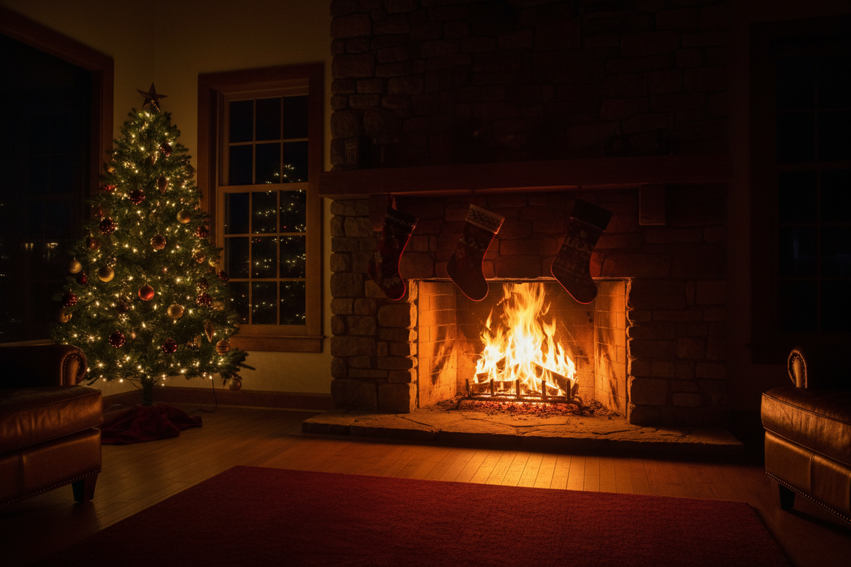 Cozy living room with a fireplace, Christmas tree, and stockings.