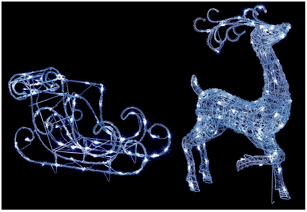 Premier LED Acrylic Reindeer & Sleigh Christmas Light - 140 White LEDs, 1m Height, 10m Lead