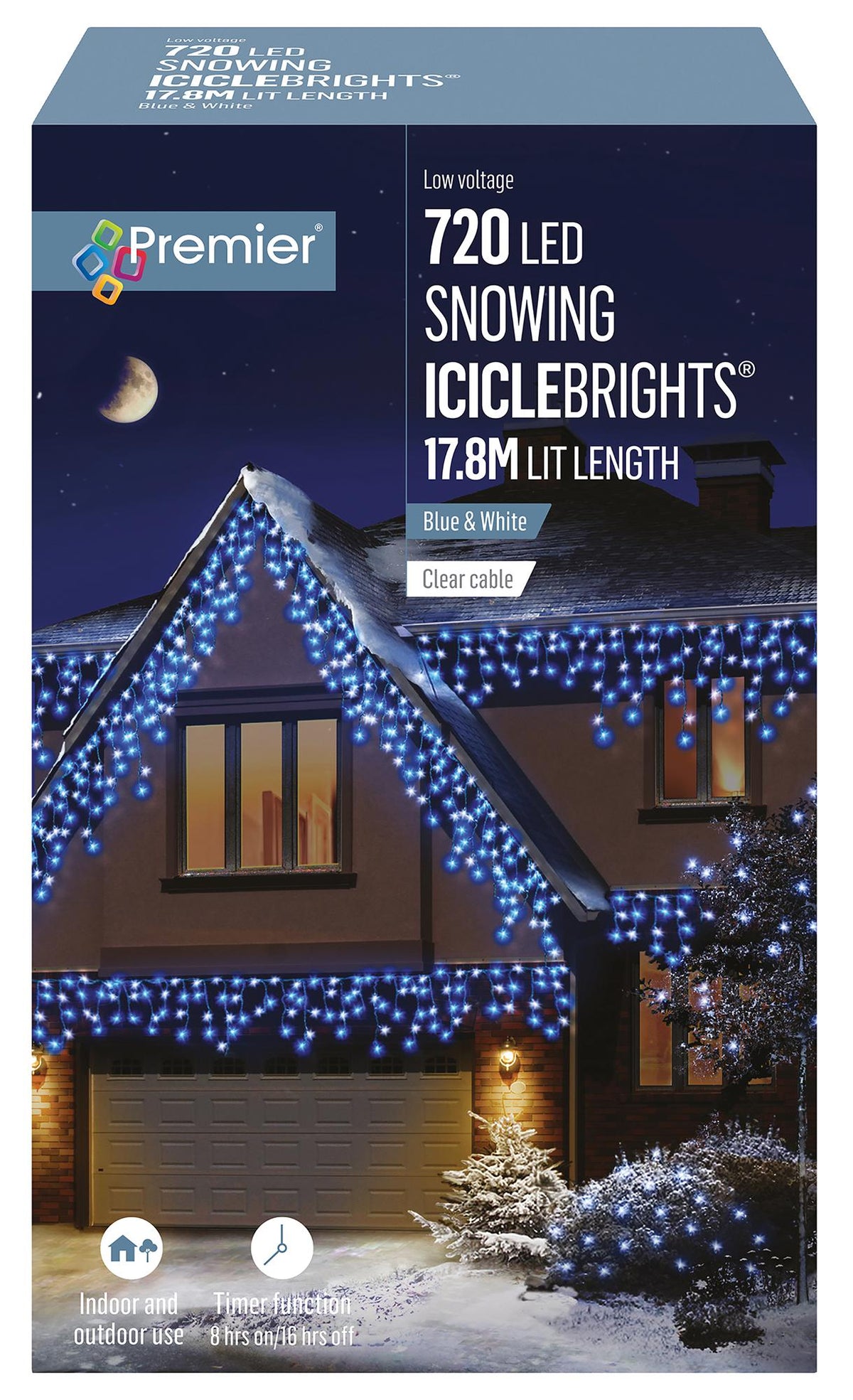 PREMIER LV162185BW.  720 Led Snow Icicle Timer Blue White Mix