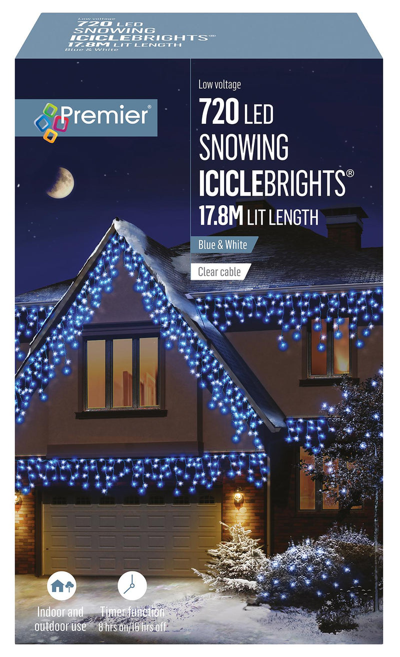 PREMIER LV162185BW.  720 Led Snow Icicle Timer Blue White Mix
