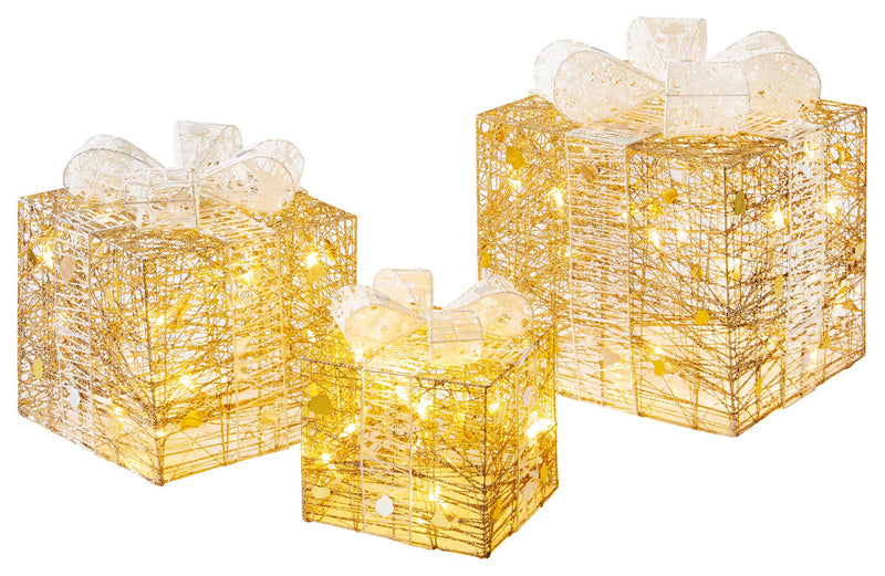PREMIER - LV201378 - Gold & White Parcels with 40 Warm White LEDs, 3 Piece
