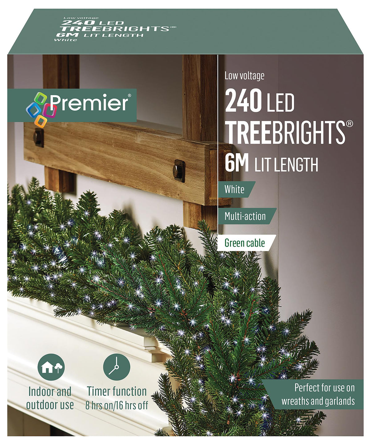 PREMIER - LV236191W - 240 LED White Christmas Tree Lights with Timer, 6m
