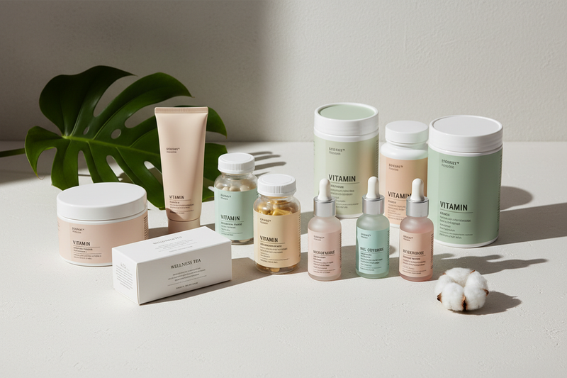 Make a generic image of care products (supplements, moisturisers, etc) and make it realistic